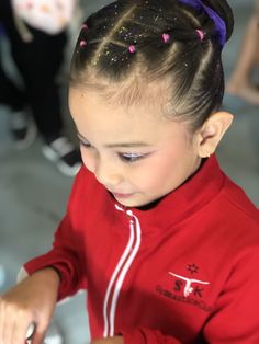 Hairstyles For Medium Length Hair For Gymnastics, Gymnastic Buns For Meets, Gymnastics Meet Hairstyles For Short Hair, Cool Gymnastics Hairstyles, Easy Gymnastics Competition Hairstyles, Gymnastics Hairstyles Short Hair, Gymnast Competition Hair, Gymnastics Competition Hair Easy, Gymnastics Hairstyles For Meets