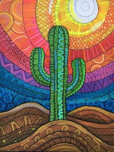 a painting of a cactus with the sun in the background and colorful patterns on it