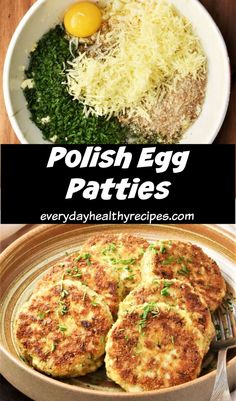 some food that is in a bowl and on top of a plate with the words polish egg patties