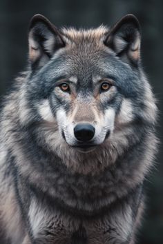 a gray wolf staring at the camera with an intense look on it's face