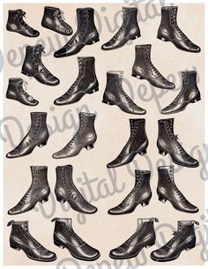 an old fashion illustration of men's shoes in different styles and sizes, from the beginning to the end of the 20th century