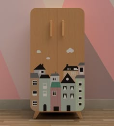 a wooden cabinet with an image of a city on the front and back sides, against a pink wall