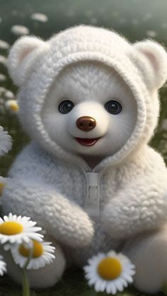 a white teddy bear sitting in the grass with daisies