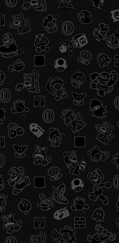 black and white wallpaper with cartoon characters on it