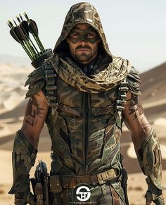 a man dressed in camo holding two arrows and looking at the camera with an arrow in his hand