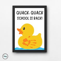 a yellow rubber duck floating in water with the words quack school is back on it