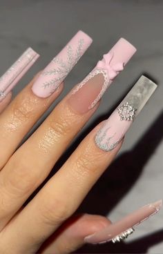 Winter Long Acrylic Nails, Christmas Nail Sets Pink, Winter Christmas Nails Pink, Pink Wonderland Nails, Christmas Pink Nails Acrylic, Pink Snowflake Nails Acrylic, Pink Christmas Nails Acrylic Long, Pink And Grey Christmas Nails, Pink Winter Nail Set