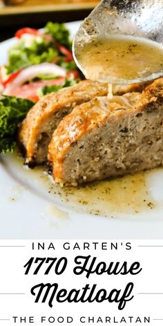 meatloaf with gravy and broccoli on the side is shown