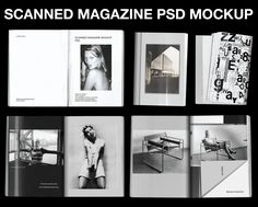 several black and white photographs with the words scanned magazine psd mockup on them