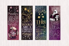 three bookmarks with the words books are best kind of magic, this is not a horrible spell on it