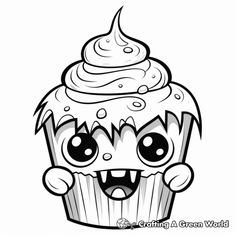 a cupcake with an angry face and eyes on it's face is outlined in black and white