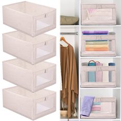 four white storage bins with handles and dividers for towels, blankets, scarves and other items