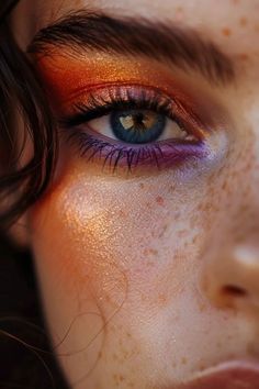 Orange Themed Makeup, Orange Eyeshadow Makeup Looks, Orange Red Eyeshadow Looks, Summer Makeup Blue Eyes, Sunset Inspired Makeup, Summer Festival Makeup, Vibrant Eye Makeup, Golden Hour Makeup Looks, Orange And Gold Makeup