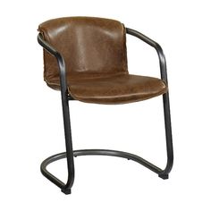 a brown leather chair sitting on top of a metal frame