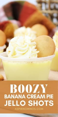 boozy banana cream pie jello shots with text overlay