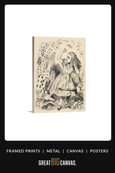 a drawing of a girl playing cards in front of a black and white background with the words, framed prints metal canvass posters great big canvass