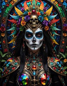 a woman with colorful makeup and skeleton make up