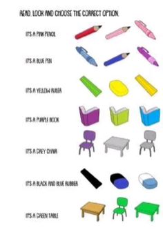 an image of different colored chairs and tables with words below them that say, find your color choose the correct one