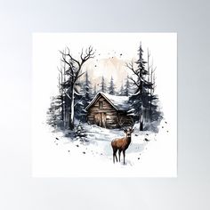 a deer standing in the snow next to a cabin with trees and snow on it