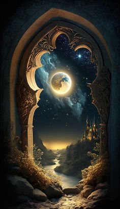 an open doorway with a view of the moon and stars in the sky above it