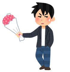 a man holding a bunch of flowers in one hand and an angry expression on the other