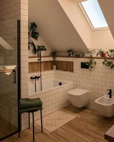 a bathroom with a skylight, toilet and bathtub next to each other in it