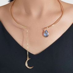 This Boho Celestial Crescent Moon Water Drop Lariat Necklace Is A Wonderful Conversation Started And Is Sure To Catch Lots Of Eyes! Perfect For Any Occasion And With Any Outfit! A Great Addition To Your Wardrobe And Your Style! Boho Celestial, Moon Water, How To Start Conversations, Crystal Charm, Moon Necklace, Lariat Necklace, Water Drops, Water Drop, Crescent Moon