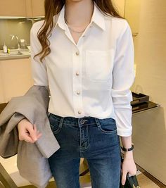 Chiffon Office Women Shirts Korean Elegant Pearl Loose Long Sleeve White Blouse Long Sleeve, Female Blouse, Shirts Korean, Office Blouse, Chiffon Shirt Blouse, White Long Sleeve Blouse, Chiffon Fashion, Blouse Models, White Chiffon