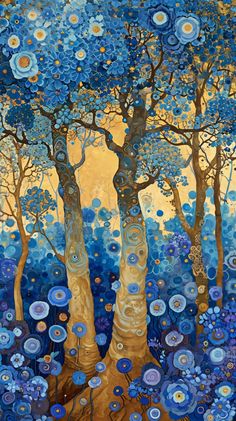 a painting of trees and blue flowers