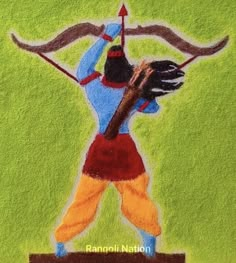 a drawing of a man holding a bow and arrow in the air with his hands