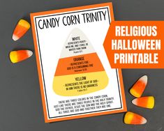 These Candy Corn Trinity Treat Tags are a sweet and adorable idea for Sunday School and Church Handouts! Just print and cut out these treat tags and tie them around a festive bag of candy corn for your kids, friends, co-workers, students and even trick-or-treaters! This candy corn tag is a fun idea for a fall themed goody bag, school PTO PTA gift idea, party favor snack treat or class treats. INCLUDES 8.5x11in Digital Download (4 Toppers - Each Tag measures 4in high x 3in wide) PLEASE NOTE: This Alternatives To Trick Or Treating, Candy Corn Trunk Or Treat Ideas, Candy Corn Trinity Printable, Church Picnic Ideas, Church Halloween Ideas, Bible Trunk Or Treat Ideas For Cars, Fall Festival Ideas For Church