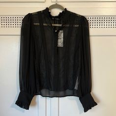 Sheer Zara Blouse Black Size M Button Down Long Sleeve Sheer Black With Lace Detail On Front Nwt Classic Long Sleeve Tops For Date Night, Zara Black Long Sleeve Blouse, Zara Black Office Blouse, Zara Black Blouse For Office, Black Zara Blouse For Office, Black Zara Tops For Office, Zara Black Formal Tops, Black Top With Back Button Closure For Spring, Black Button-up Top For Party