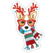 a sticker with a dog wearing reindeer antlers on it's head and glasses