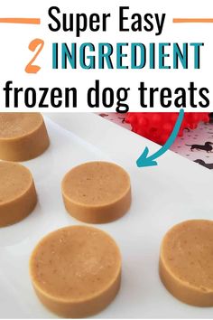 four frozen dog treats sitting on top of a white plate with text overlay that says super easy 2 ingredient frozen dog treats