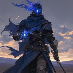 a man dressed in black with blue lights on his face and holding two swords, walking through the desert