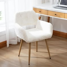 PRICES MAY VARY. ✿Faux Fur Armchair Chair : Soft and comfortable plush fabric will bring you a pleasant sitting experience, even if you sit on it work for a long time will not feel tire ✿Multi-Functional Plush Accent Chair : This white cute office desk chair whether it is placed in your living room, makeup, study, or in your office all are perfect choices ✿Sturdy & Durable White Desk Chair : Thicken metal tube with wood grain transfer painting for legs, which is unique on look, but also strong e Fur Dining Chair, White Desk Chair, Cute Desk Chair, Plush Armchair, Vanity Chair, Guest Chair, Small Chair, Mid Century Dining Chairs, Small Home Office