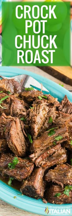 the best ever beef pot roast crockpot on a blue plate with parsley