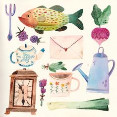 watercolor painting of various items including an envelope, teapot, clock and flowers