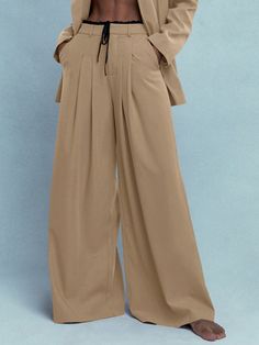 Tailored Pleated Double Waisted Wide Leg Pants With Drawstrings Khaki Casual   Woven Fabric Plain Wide Leg Non-Stretch  Women Clothing, size features are:Bust: ,Length: ,Sleeve Length: Suit Pants, Womens Wide Leg Pants, Khaki Fashion, Color Khaki, Suits For Women, Wide Leg Pants, Women Clothes Sale, All Fashion, Casual Women