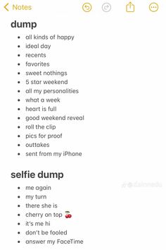 an iphone screen with the words selfie dump and other things to do on it