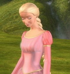 an animated image of a woman in a pink dress with braids on her head