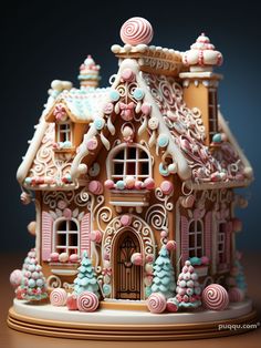 a gingerbread house with candy decorations on the roof and windows is shown in front of a dark background