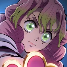 a close up of a person with green eyes and purple hair holding a heart shaped object