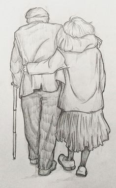 a pencil drawing of two people walking down the street with their arms around each other