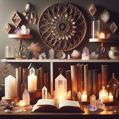 an open book sitting on top of a wooden table next to candles and other items