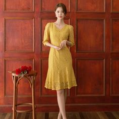 High Quality And Nice Structure Lace Dress From Korea. My Family Just Brought It Here But It Doesn't Suit Me Well. My Loss Is Your Gain! Size Should Fit For American Xs - S 0/2/4 Size Person. New Never Wear Once. Yellow Lace Dress, Yellow Lace Dresses, New Chic, Yellow Lace, Gold Yellow, My Family, New Dress, Lace Dress, Colorful Dresses