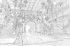 a drawing of an old building with stairs and chandeliers