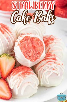 strawberry cake balls on a white plate with strawberries in the background and text overlay