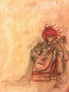 a drawing of a woman sitting on the ground with a guitar in her hand and hair blowing back