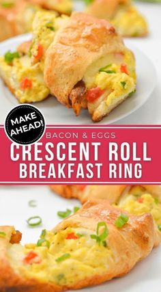 bacon and eggs crescent roll breakfast ring on a white plate with text overlay reading bacon & eggs crescent roll breakfast ring